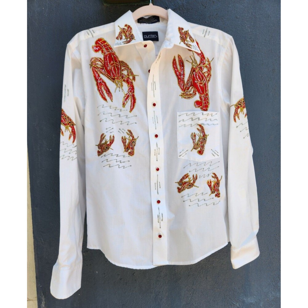 Crawfish Lobster Ocean Coastal Beach Puritan Wrinkle Free White 14 1/2 32 33